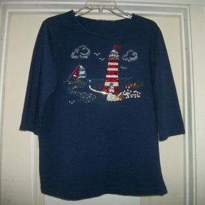 SAILORCORE NAUTICAL BUT NICE VINTAGE COTTON LIGHTHOUSE BEADS BLING TEE B…